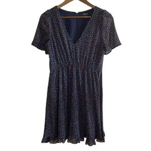 Madewell chic and romantic navy dress with colorful polka dots.